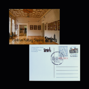 Awers i rewers pocztówki ze znaczkiem kolekcjonerskim i stemplem Centrum