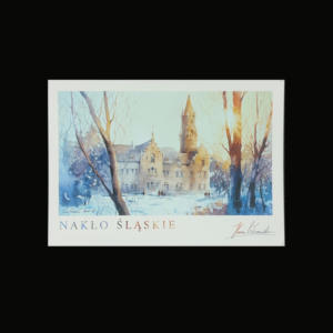 Pocztówka z akwarelą Kasi Wiercińskiej, na której widnieje pałac w Nakle Śląskim zimą.