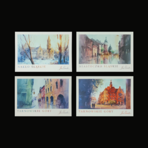 Cztery pocztówki z akwarelami Kasi Wiercińskiej.