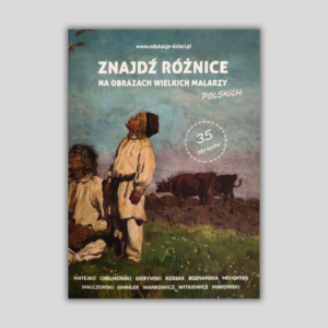 Okładka książki znajdź różnice na obrazach wielkich malarzy polskich. W tle obraz z rolnikami patrzącymi w niebo i dwoma wołami z pługiem na polu.